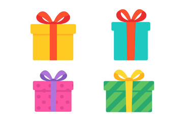 Four colorful wrapped gift boxes with decorative ribbons and bows for celebrations and holidays