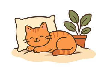 Adorable orange tabby cat resting comfortably on a soft pillow next to a potted houseplant