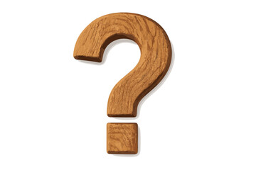 Wooden question mark symbol carved from natural oak wood grain texture isolated on white background