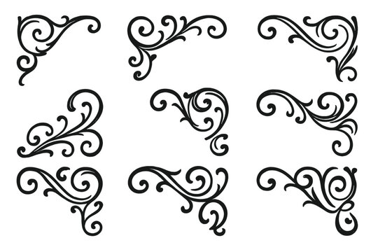 Set of nine vintage ornamental corners and decorative flourishes for elegant design accents