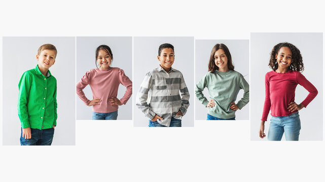 A joyful collection of preteen children from different backgrounds smiles at the camera.