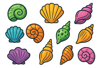 Vibrant collection of colorful sea shells including conch, scallop, and spiral shells