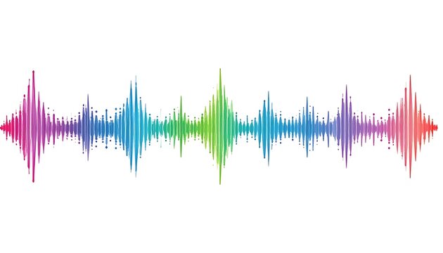 Colorful, abstract audio waveform on a white background, resembling sound waves with varied peaks and troughs