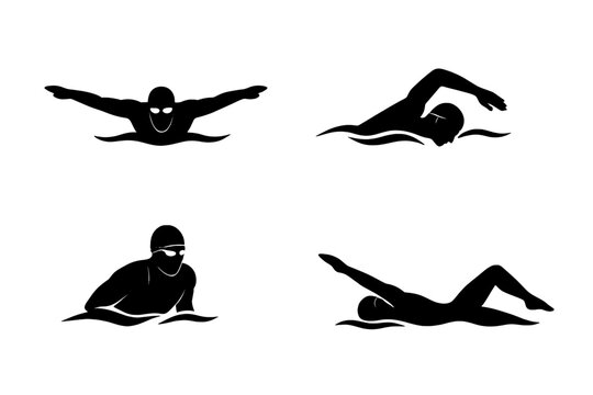 Four stylized black silhouettes of swimmers performing competitive strokes and water poses