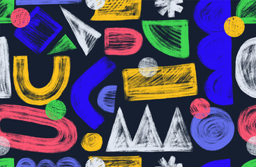 Seamless pattern charcoal doodle shapes. Geometric shape grunge elements. Hand drawn creative abstract art design with playful geometric shapes. Simple childish wallpaper texture. Pencil drawn icons.
