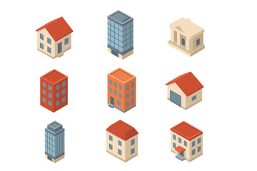 Isometric collection of various city buildings including residential houses, apartment blocks, and commercial structures