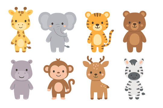 Collection of cute safari and forest animals including giraffe elephant tiger bear and monkey