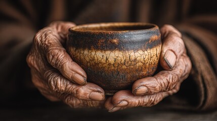 Elderly wrinkled hands gently cradling a rustic ceramic bowl, showcasing intricate textures and warm earth tones, embodying the beauty of age and craftsmanship with copy space