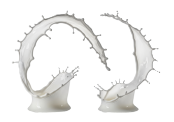 Four dynamic white milk splashes captured in ultra-sharp macro close-up, bursting upwards with intricate droplets against a transparent studio background, ample copy space, pure refreshment concept