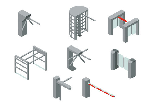 Isometric set of various security access control systems and entrance barriers