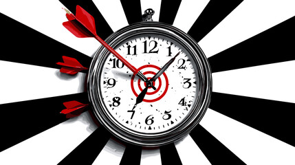 Clock with Red Darts on Target Against Black and White Background