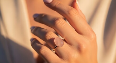 Fototapeta premium Elegant female hand showcasing rose quartz ring in soft lighting