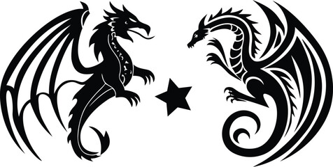 Two tribal fantasy dragons facing each other with spread wings and a star symbol vector illustration for tattoo and gaming design.