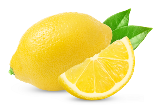 Fresh lemons isolated on white background. Lemon and slice with green leaf isolated.