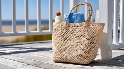 Beach bag with towel and sunscreen on a boardwalk.