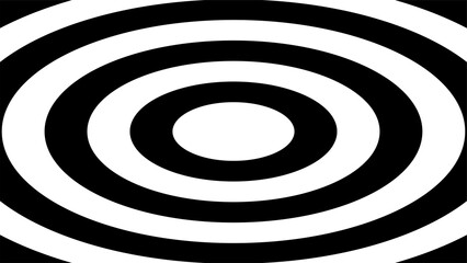 Black and white concentric circles create an abstract hypnotic background