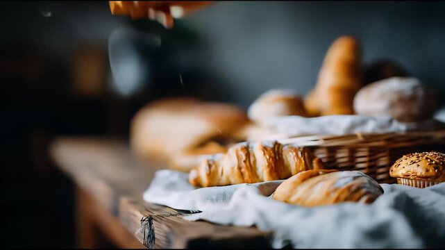 Artisan Baked Goods Display: Capturing the beauty of freshly baked artisanal pastries, this image showcases a variety of golden-brown croissants, bread rolls.