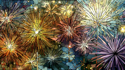 Colorful Fireworks Illustration in Stained Glass Style