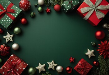 Festive Christmas Decorations: Gift Boxes, Ornaments, and Stars Arranged on a Deep Green Background