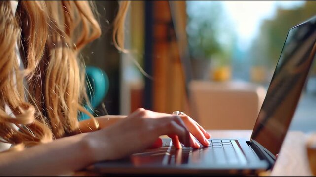 Woman Working on Laptop: The image captures a woman engrossed in her work, illuminated by natural light as she types on a laptop. Perfect for illustrating modern work life, and the digital era.