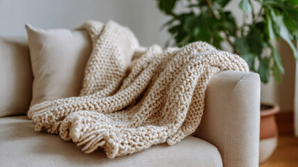 Cozy knitted blanket on a beige sofa with a plant nearby.