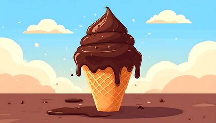 Cartoon ice cream cone with dripping chocolate against a sky backdrop