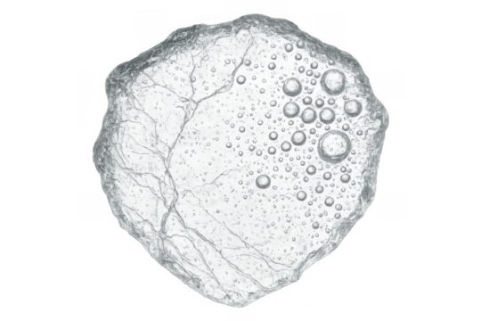 Ice cube with trapped air bubbles and internal cracks, refreshing frozen water element on transparent background