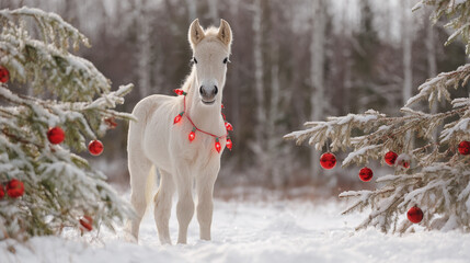 White foal in snowy forest decorated with red christmas ornaments