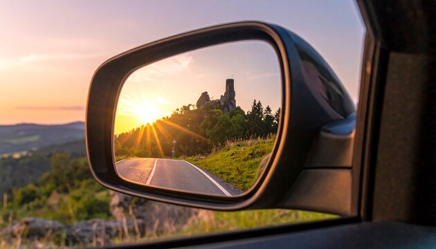 Scenic Road Trip Reflection - Castle and Sunset in Car Mirror.