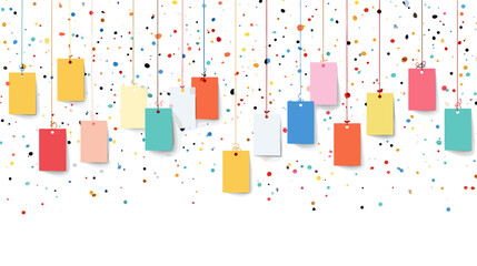 Colorful Hanging Tags on Confetti Background