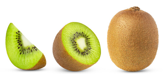 Kiwi with slices collection isolated. Whole kiwi and half and slice isolated.