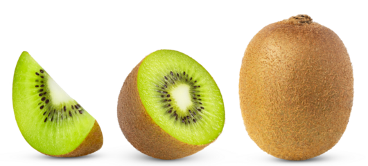 Kiwi with slices collection isolated. Whole kiwi and half and slice isolated.