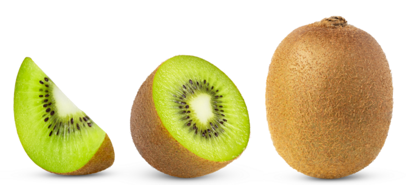 Kiwi with slices collection isolated. Whole kiwi and half and slice isolated.