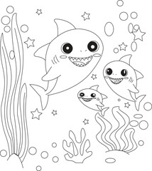 Happy cartoon shark family with seaweed and stars coloring page