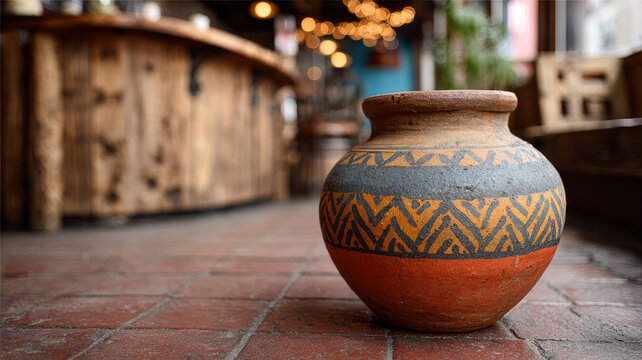 Decorative ceramic pot on rustic brick floor in a cozy setting. - Powered by Adobe