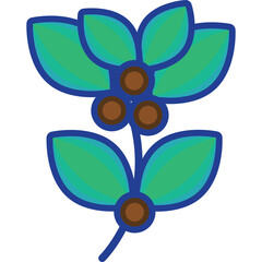 Stylized Green Plant With Brown Berries And Blue Outline On A Transparent Background