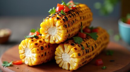 Delicious grilled corn on the cob topped with fresh herbs and tomatoes