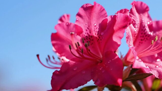A stunning close-up of a vibrant pink flower showcasing its delicate petals, intricate stamens, and unique speckled patterns. Tiny water droplets glisten on the surface, adding a fresh and natural fee