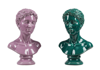 Isolated two modern busts stand on white, green and lilac colors, head and shoulder sculpture