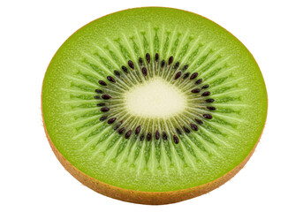 Isolated Kiwi fruit slice showing the flesh, seeds, and outer skin against no background