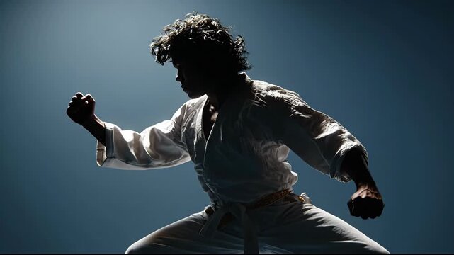 Martial Arts Fighter Performing a Powerful Punch in Dramatic Silhouette Lighting.