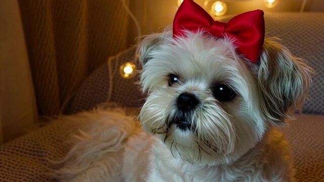 Adorable Shih Tzu puppy with a red bow tie gives a happy lick in stunning 4K video footage, perfect for pet lovers and heartwarming content