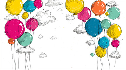 Colorful Hand-Drawn Balloons with Clouds Illustration