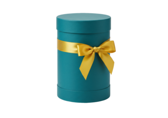 Isolated teal round gift box with gold ribbon, luxury present packaging, holiday container