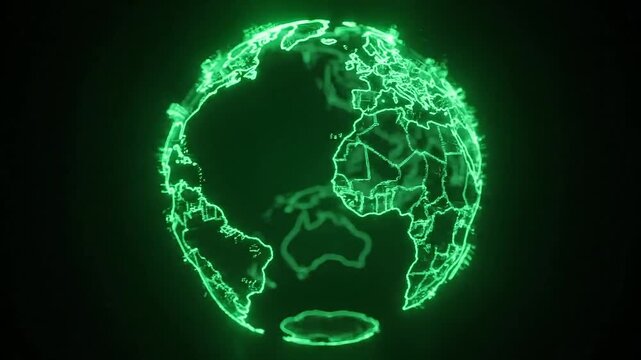 Glowing green digital Earth with glowing continents and borders on a dark background.