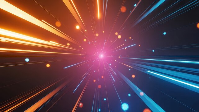 Abstract burst of neon light streaks and particles