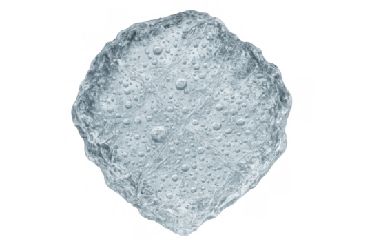 Ice cube floating, forming intricate frozen patterns with tiny trapped air bubbles, chilling for a refreshing beverage