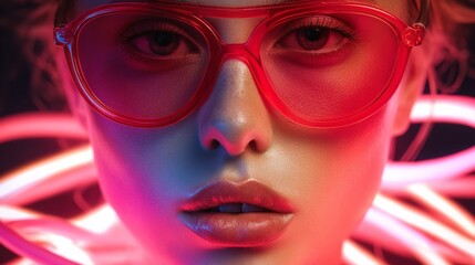 Glamorous portrait with red sunglasses and neon lights creating a futuristic look © Abdul