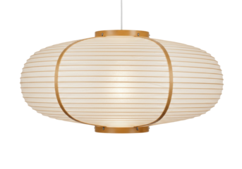 Isolated mid-century modern pendant lamp fixture suspended indoors, paper lantern, illuminated