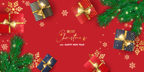 Merry Christmas and Happy New Year background for Greeting cards with tree Branches christmas tree gold paper and gold stars. Merry Christmas vector text Calligraphic Lettering Vector illustration